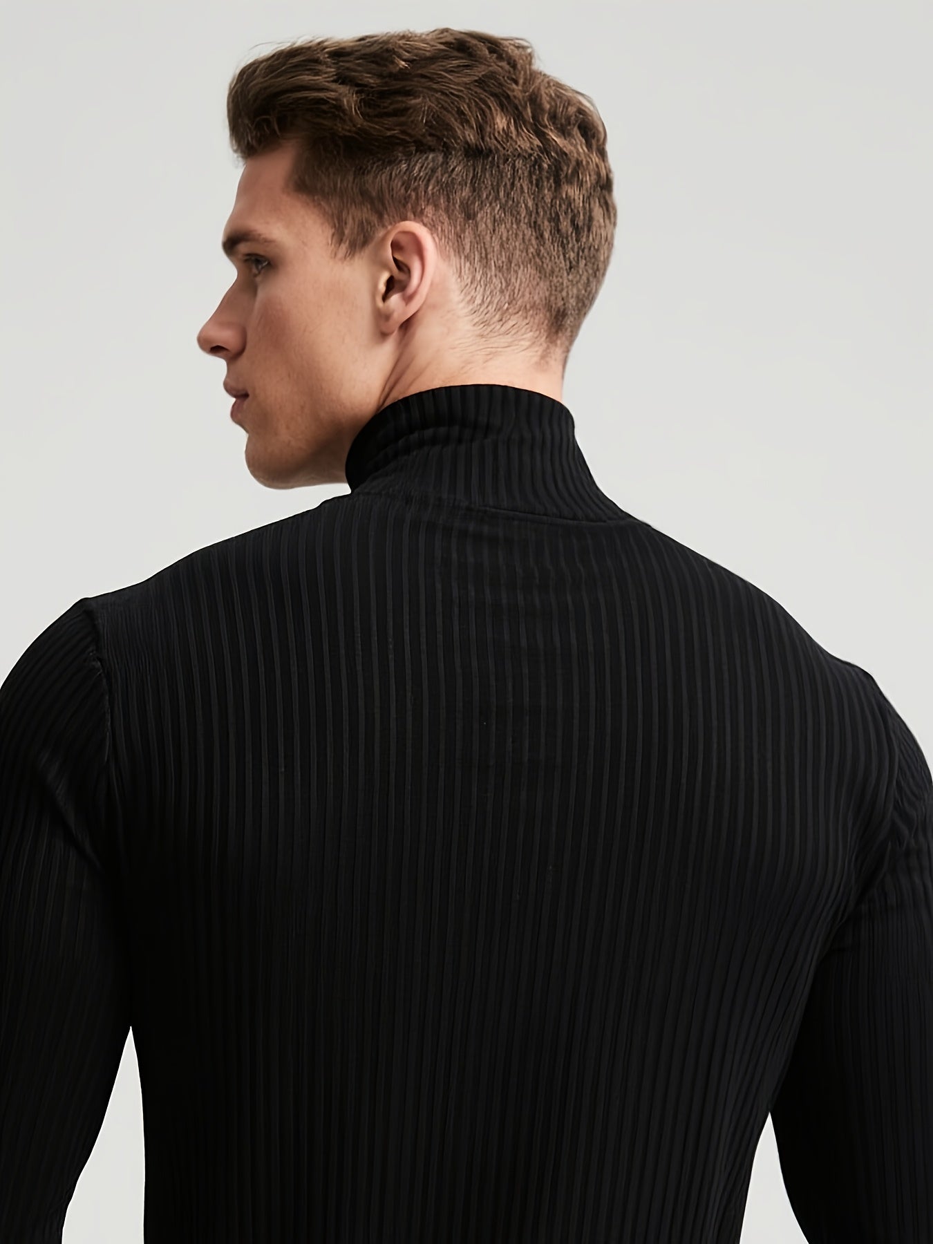 Camiseta Masculina de Manga Longa Gola Alta – Malha Confortável, Estilo Casual Moderno para o Outono, Tecido Macio com Elasticidade Média