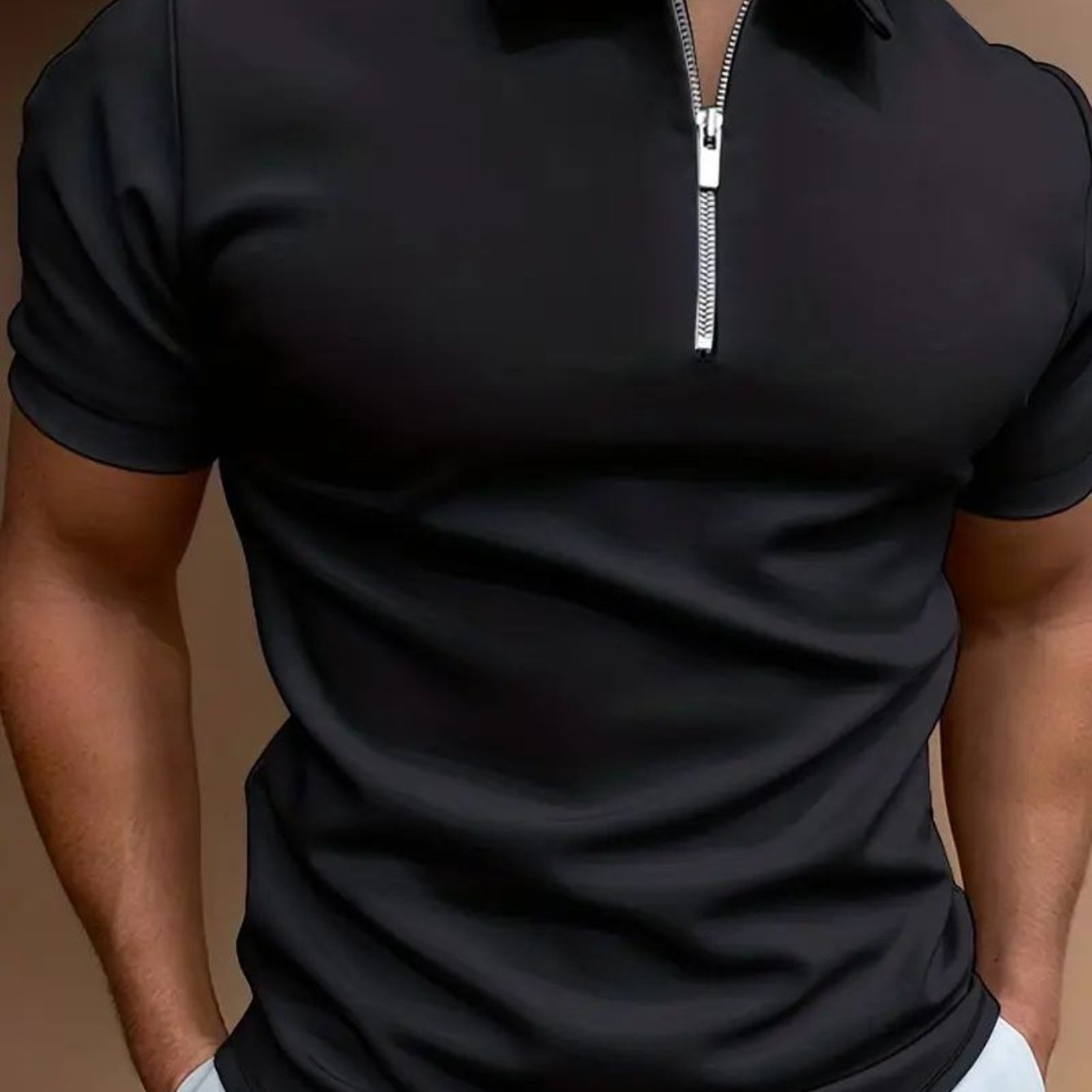 Camiseta Masculina com Meio Zíper – Preta, Leve, Elegante, Perfeita para Verão e Ocasiões Casuais