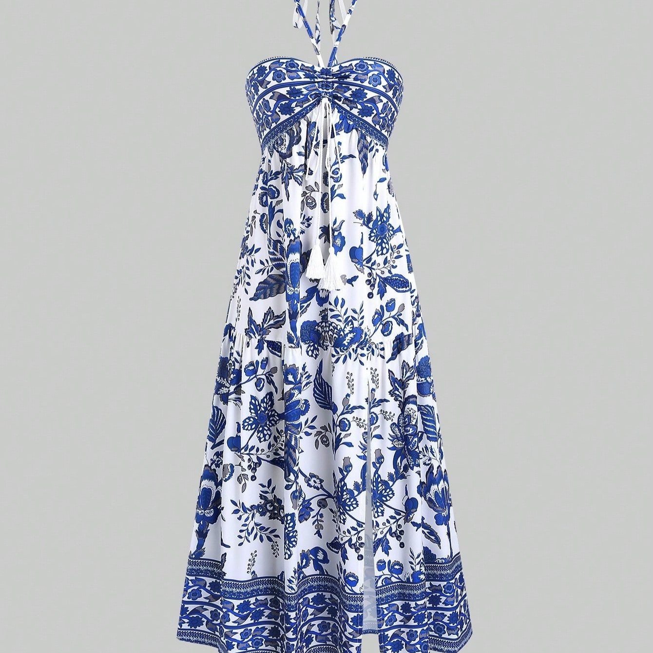 Vestido ISARA Estampado com Gola Halter – Estilo Fresco de Férias, Leve, Moderno e Perfeito para Looks Femininos Casuais