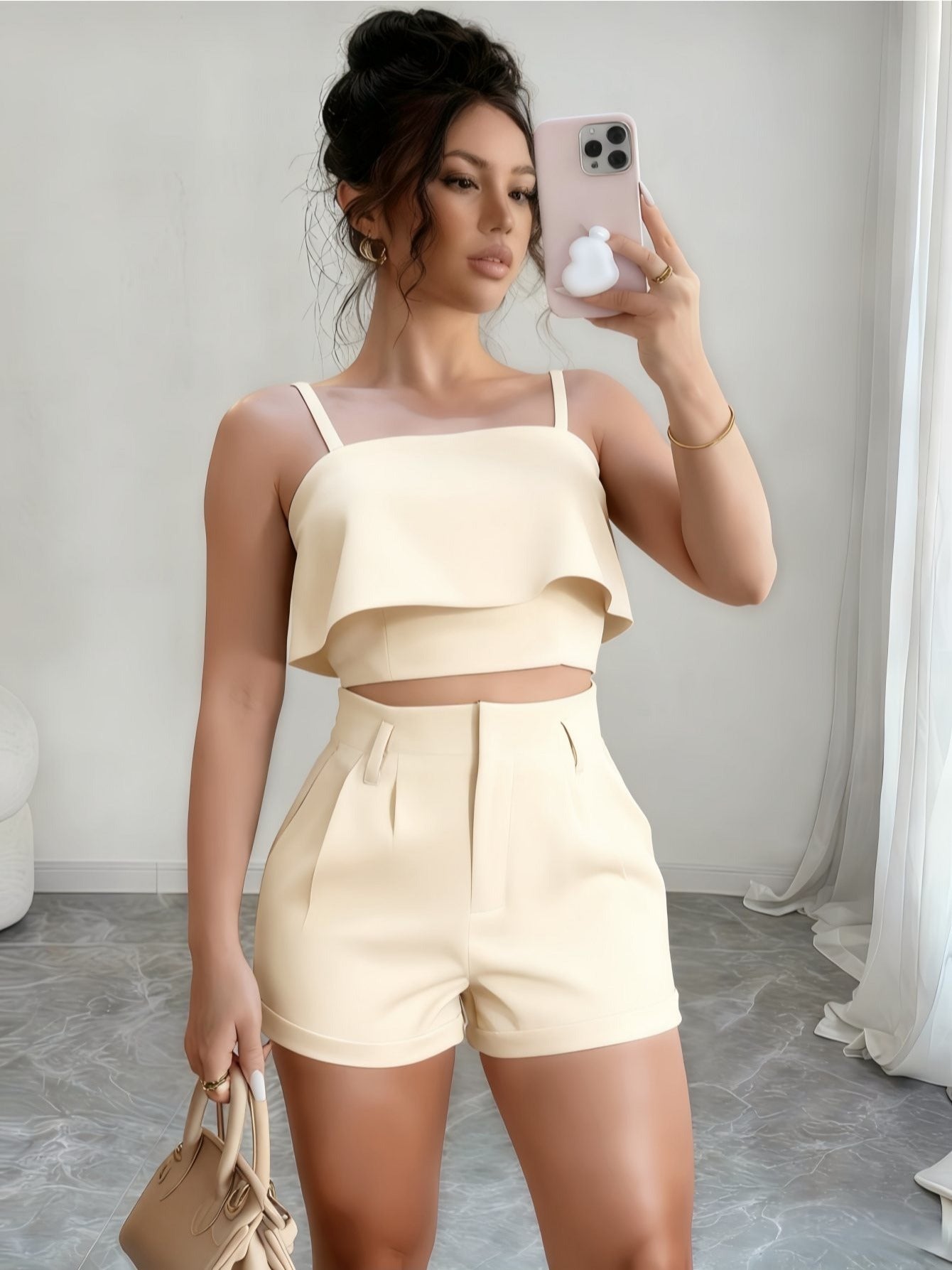 Conjunto Feminino 2 Peças Alfaiataria – Blusa Sem Manga e Short Liso (P, M, G)