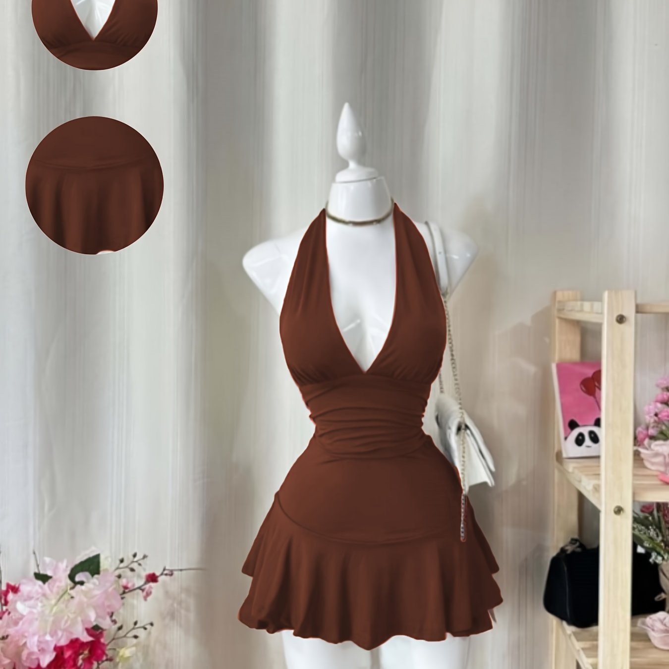 Vestido Feminino Elegante – Decote V, Halter, Slim Fit com Babado