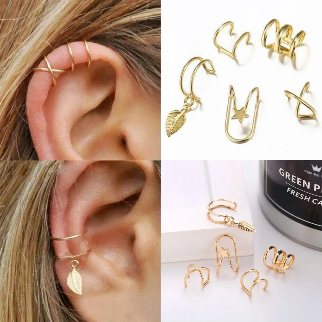 Conjunto 5 Brincos C Elegantes – Ear Cuff Folha Vazado, Sem Furo