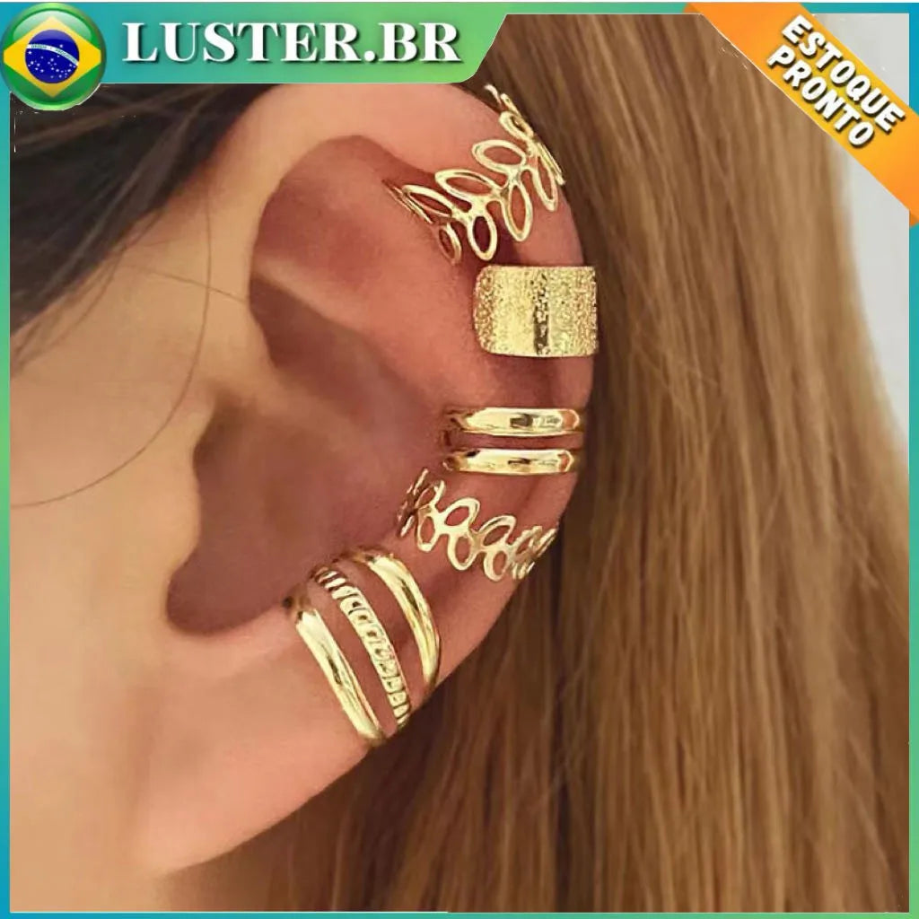 Conjunto 5 Brincos C Elegantes – Ear Cuff Folha Vazado, Sem Furo