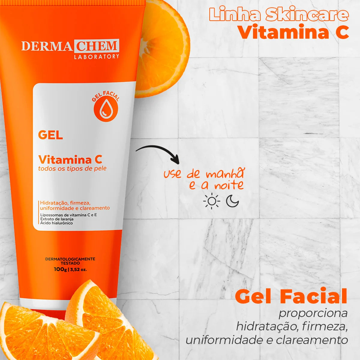Kit 3 Skincare Vitamina C Clareador Dermachem – Sérum Melasma Clear / Gel Facial Anti-Idade / Sabonete Facial Vitamina C