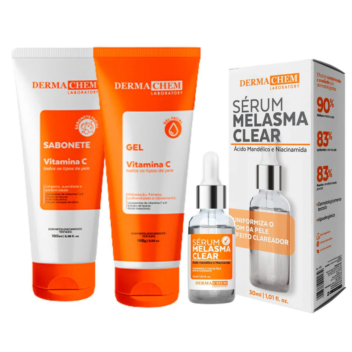 Kit 3 Skincare Vitamina C Clareador Dermachem – Sérum Melasma Clear / Gel Facial Anti-Idade / Sabonete Facial Vitamina C