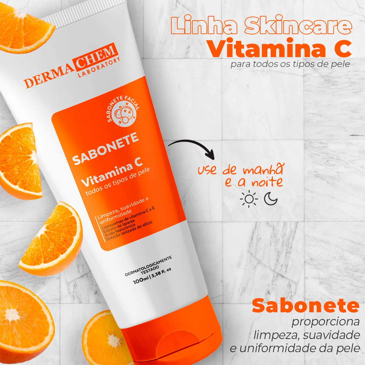 Kit 3 Skincare Vitamina C Clareador Dermachem – Sérum Melasma Clear / Gel Facial Anti-Idade / Sabonete Facial Vitamina C
