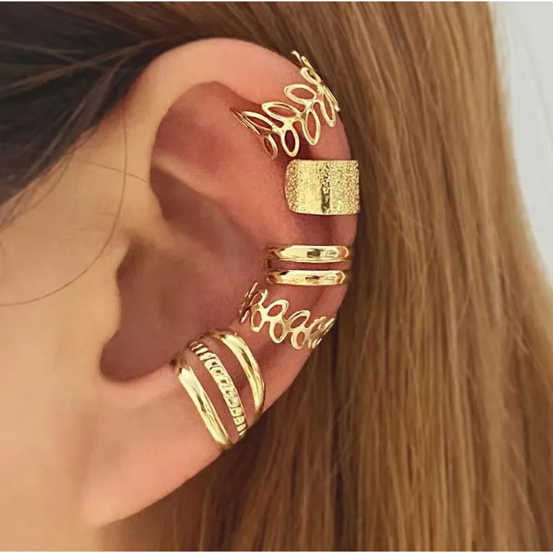 Conjunto 5 Brincos C Elegantes – Ear Cuff Folha Vazado, Sem Furo