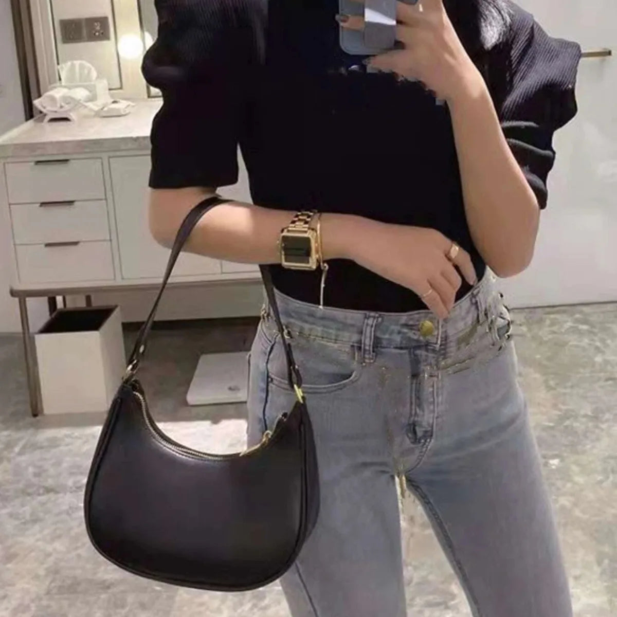 Bolsa Feminina Baguete Meia-Lua com Zíper – Estilosa e Moderna