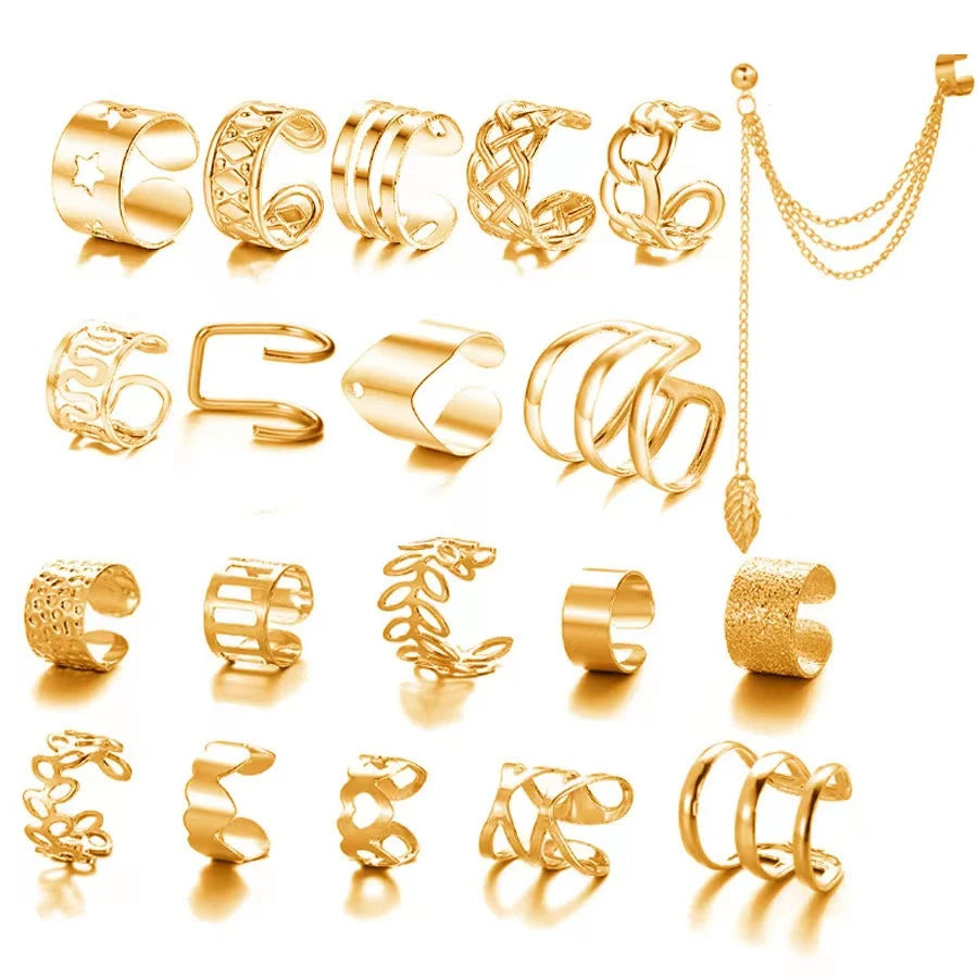Conjunto 5 Brincos C Elegantes – Ear Cuff Folha Vazado, Sem Furo