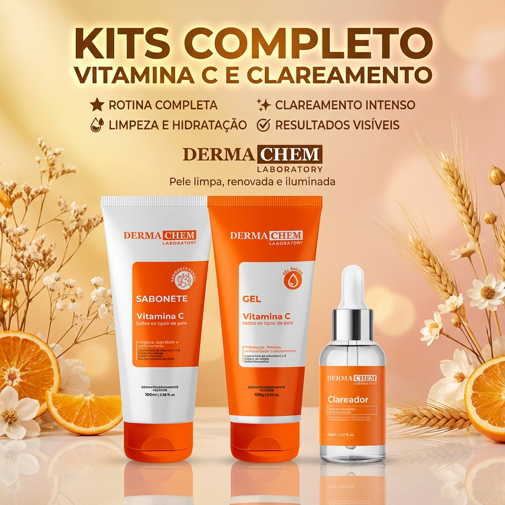 Kit 3 Skincare Vitamina C Clareador Dermachem – Sérum Melasma Clear / Gel Facial Anti-Idade / Sabonete Facial Vitamina C