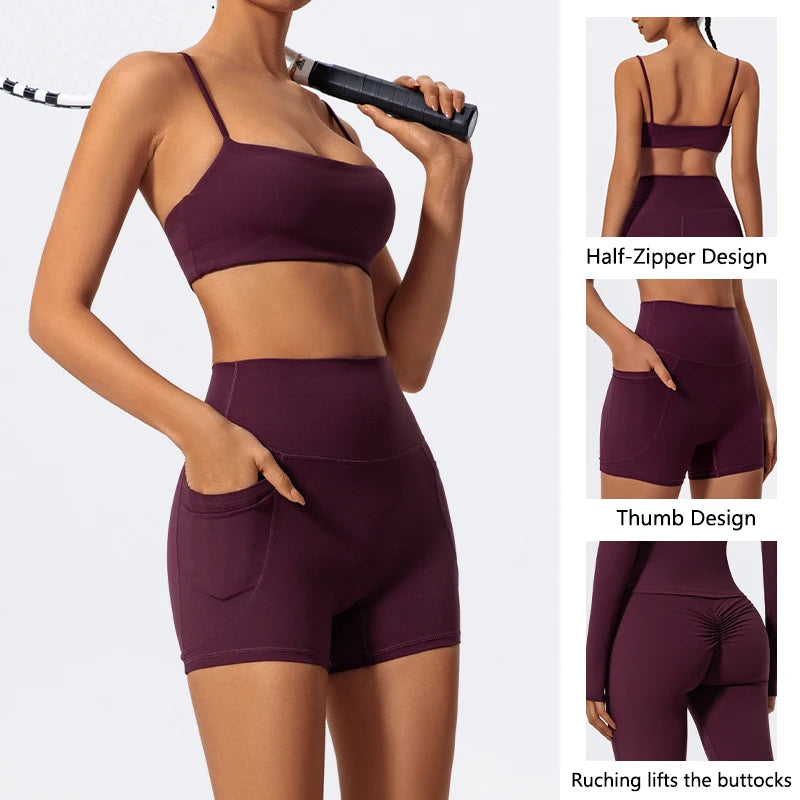 Conjunto Fitness Feminino CTENKEVET 2 Peças – Top Secagem Rápida + Shorts de Alta Elasticidade | Yoga, Academia e Atividade Física