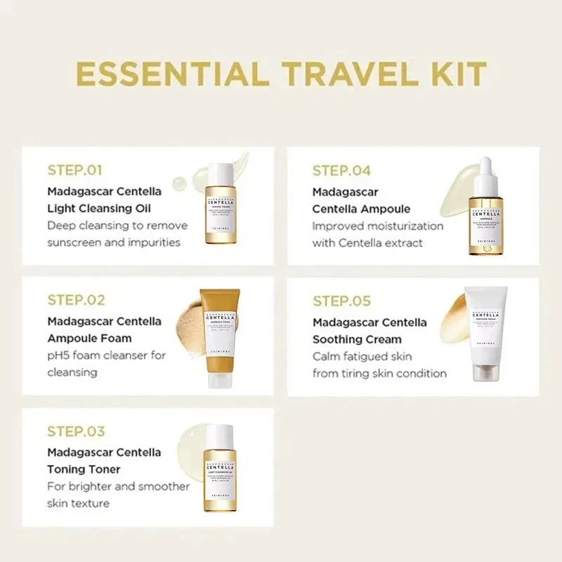 Kit de Skincare SKIN1004 Madagascar Centella Travel – Toner, Ampoule, Creme Calmante, Cleansing Oil e Espuma – Mini 5 Peças