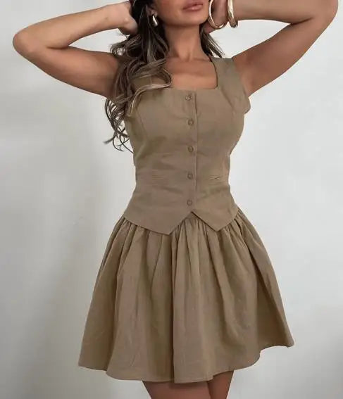 Conjunto Feminino Verão 2025 – Algodão Premium, Slim Fit, Khaki