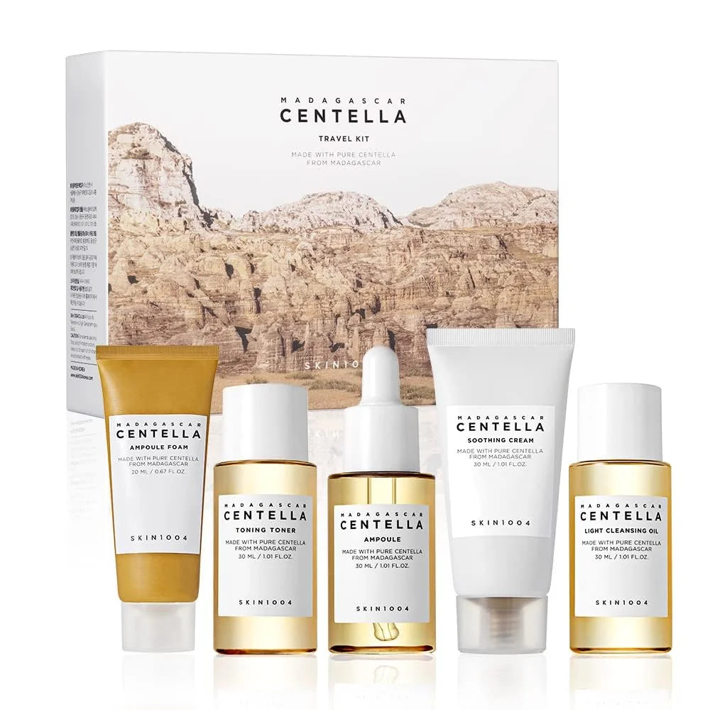 Kit de Skincare SKIN1004 Madagascar Centella Travel – Toner, Ampoule, Creme Calmante, Cleansing Oil e Espuma – Mini 5 Peças