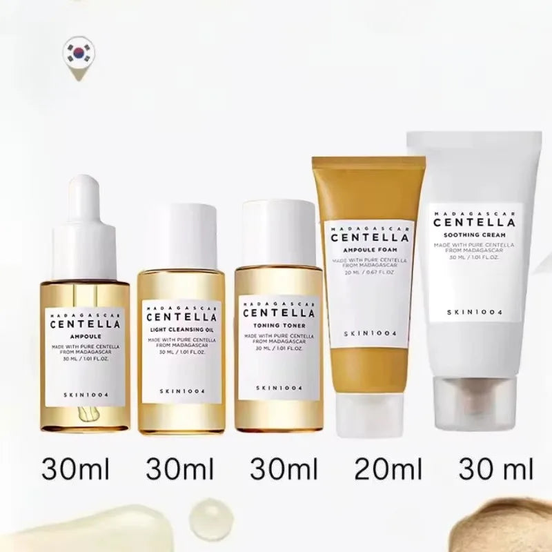 Kit de Skincare SKIN1004 Madagascar Centella Travel – Toner, Ampoule, Creme Calmante, Cleansing Oil e Espuma – Mini 5 Peças