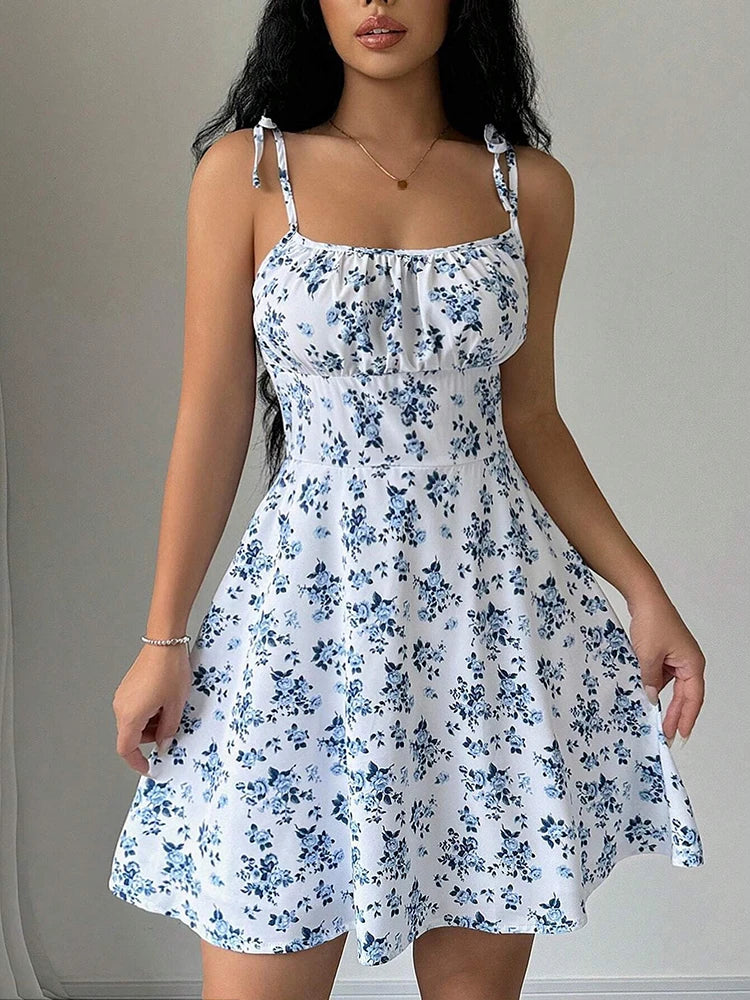 Vestido Curto Feminino de Verão – Alças Finas, Estampa Floral, 2025