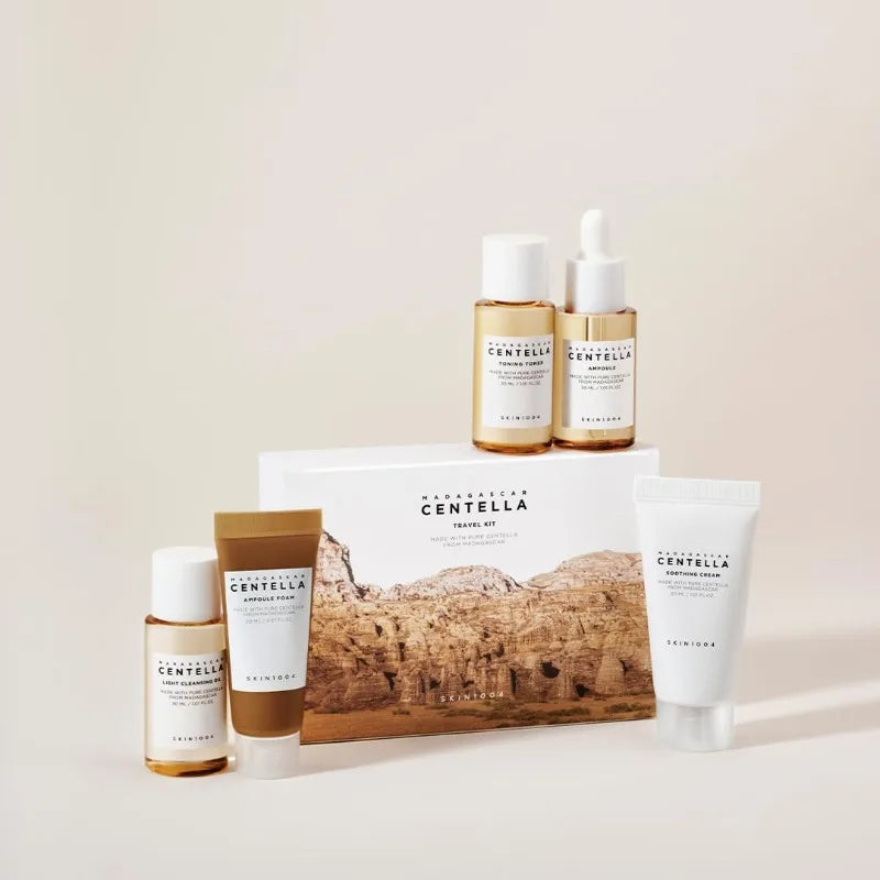 Kit de Skincare SKIN1004 Madagascar Centella Travel – Toner, Ampoule, Creme Calmante, Cleansing Oil e Espuma – Mini 5 Peças