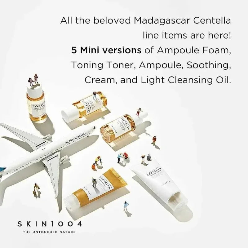 Kit de Skincare SKIN1004 Madagascar Centella Travel – Toner, Ampoule, Creme Calmante, Cleansing Oil e Espuma – Mini 5 Peças