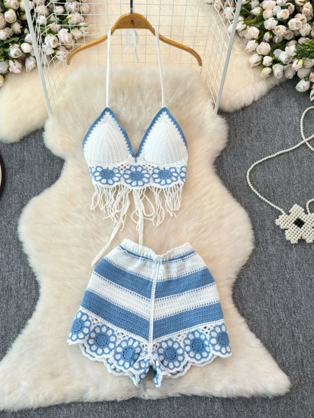 Conjunto Feminino de Verão – Top Tassel + Calça Pantalona Hollow de Cintura Alta