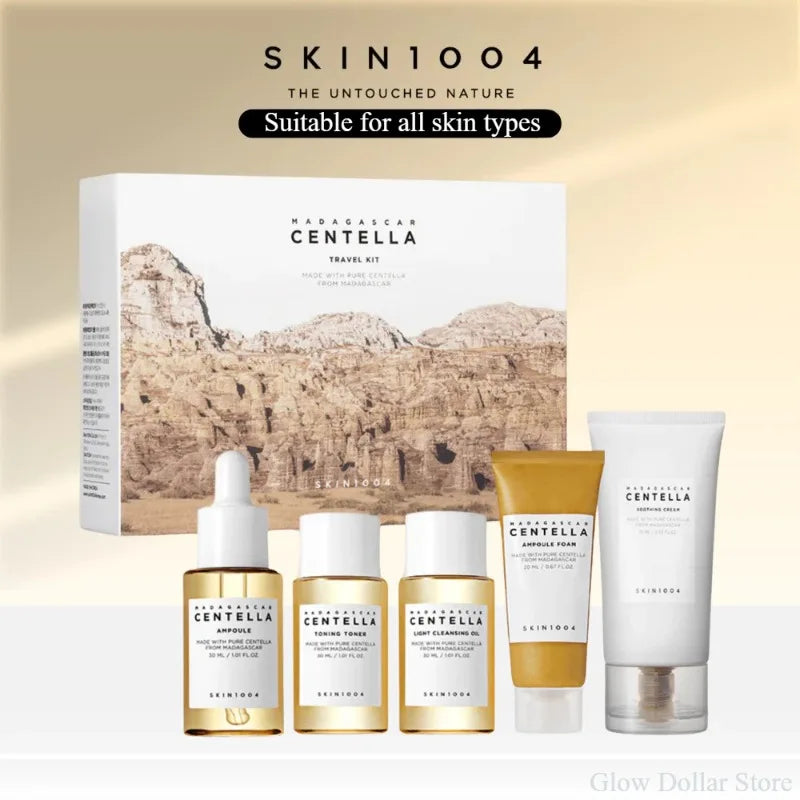 Kit de Skincare SKIN1004 Madagascar Centella Travel – Toner, Ampoule, Creme Calmante, Cleansing Oil e Espuma – Mini 5 Peças