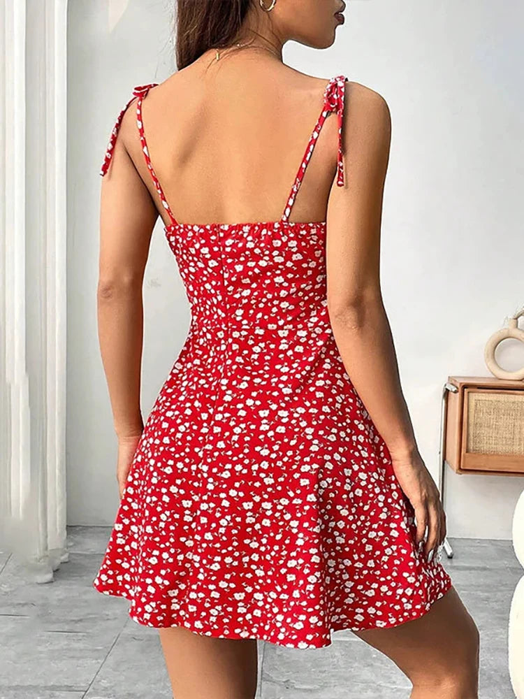 Vestido Curto Feminino de Verão – Alças Finas, Estampa Floral, 2025