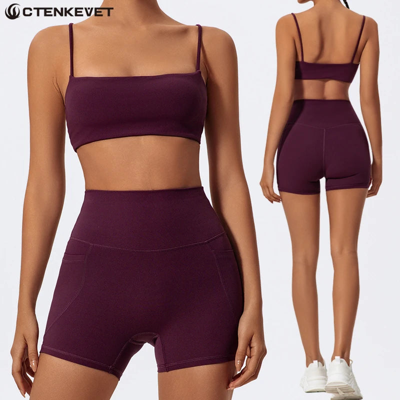 Conjunto Fitness Feminino CTENKEVET 2 Peças – Top Secagem Rápida + Shorts de Alta Elasticidade | Yoga, Academia e Atividade Física