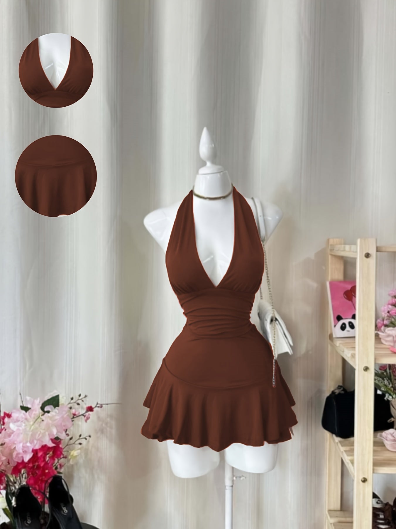 Vestido Feminino Elegante – Decote V, Halter, Slim Fit com Babado