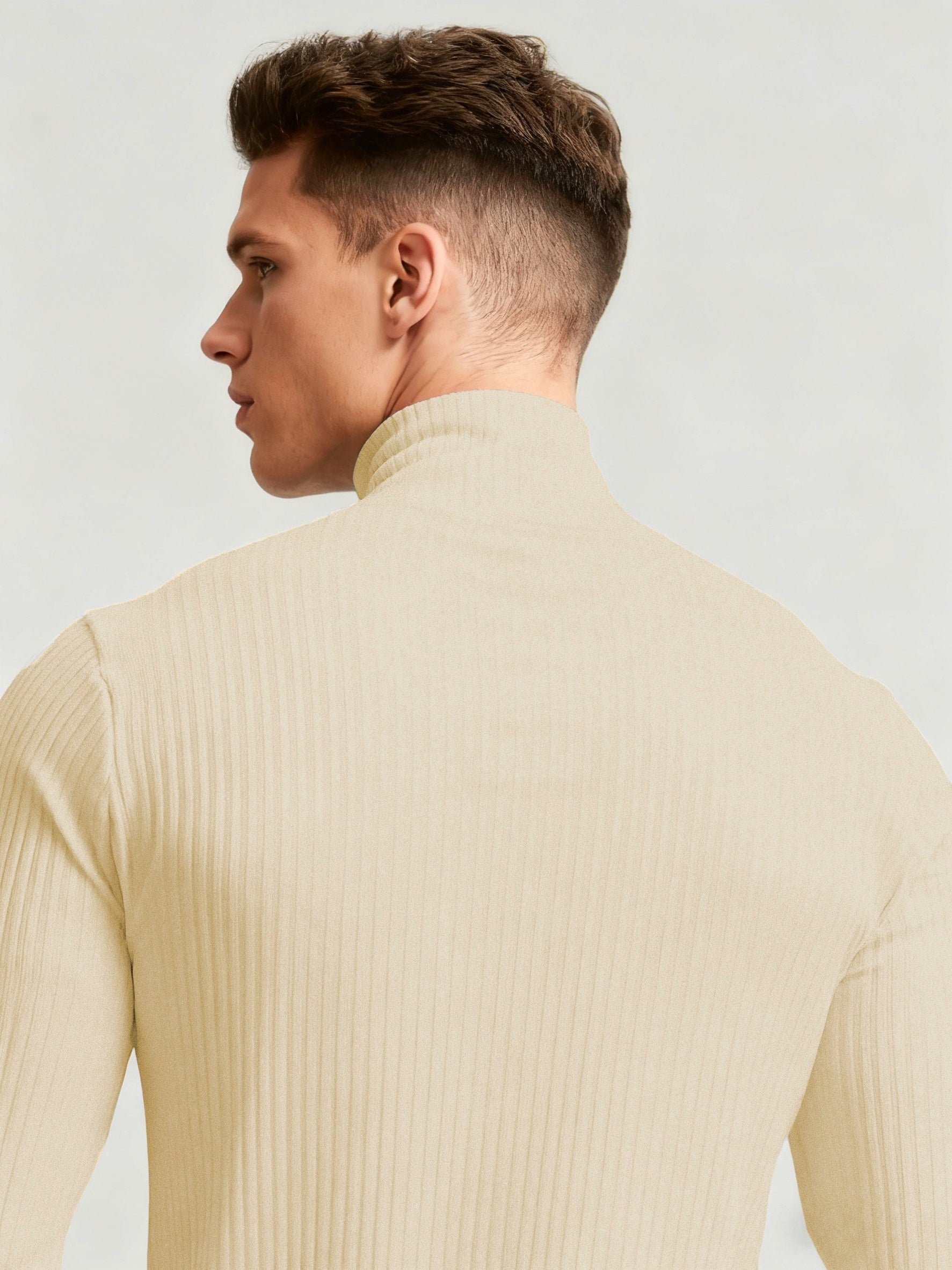 Camiseta Masculina de Manga Longa Gola Alta – Malha Confortável, Estilo Casual Moderno para o Outono, Tecido Macio com Elasticidade Média